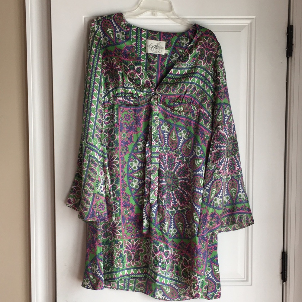 Silk bell sleeve dress.